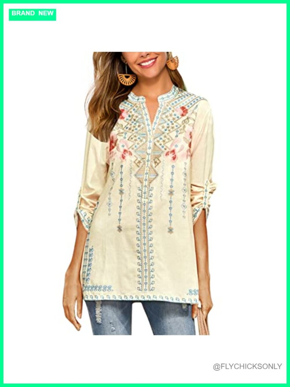 Women's Embroidered Mexican Peasant Top V Neck Loose Tunic Blouse